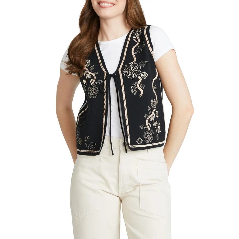 Driftwood Ravishing Roset Tie Front Black Sweater Vest Size XL